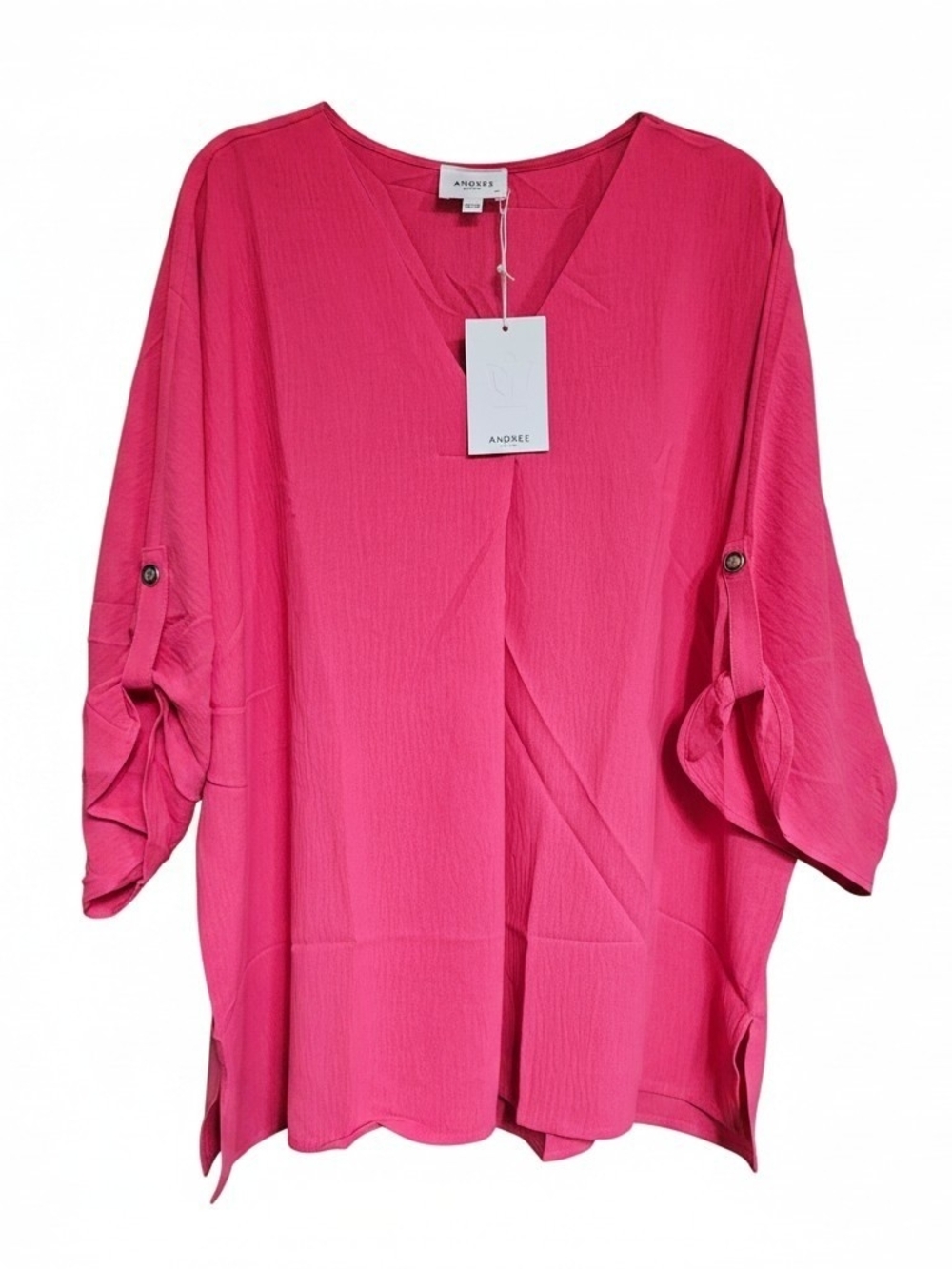 ANDRÉE BY UNIT Hot Pink V-Neck Roll Sleevw Top - Picture 2 of 5